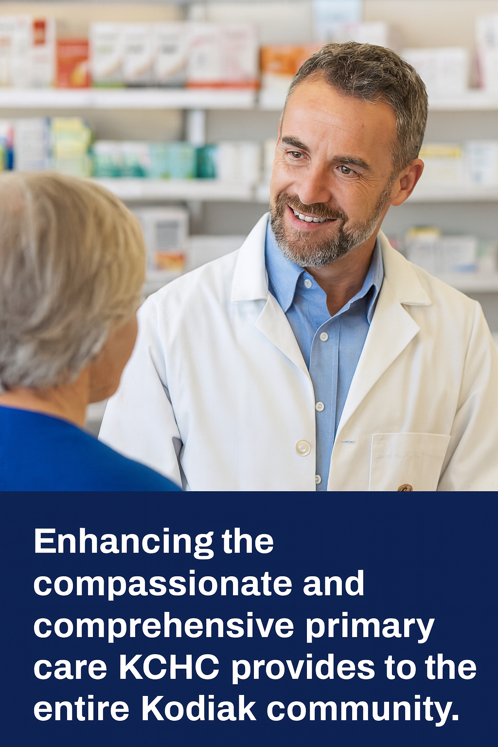 A pharmacist assisting a patient with the KCHC mission statement